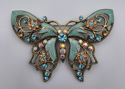 AVON Nina Ricci Rhinestone/Enamel Vintage 2.5"Teal Butterfly Brooch