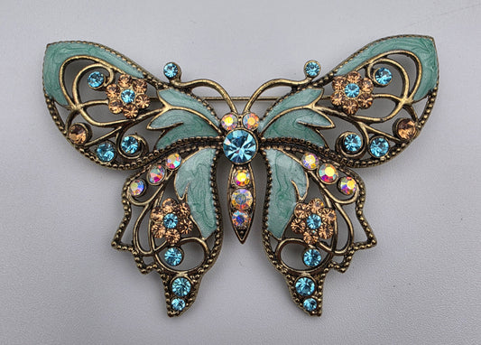 AVON Nina Ricci Rhinestone/Enamel Vintage 2.5"Teal Butterfly Brooch