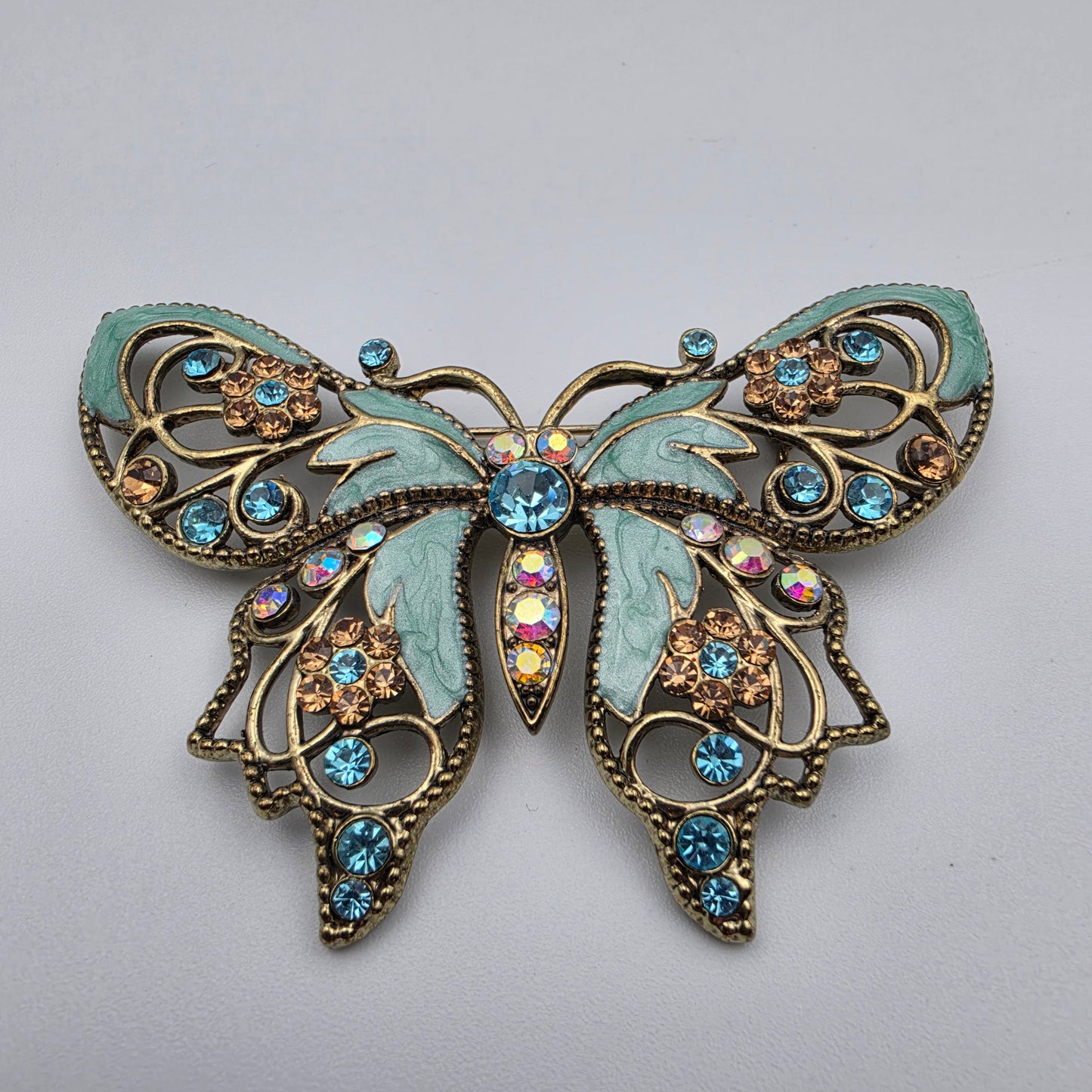AVON Nina Ricci Rhinestone/Enamel Vintage 2.5"Teal Butterfly Brooch