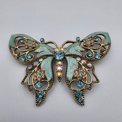 AVON Nina Ricci Rhinestone/Enamel Vintage 2.5"Teal Butterfly Brooch