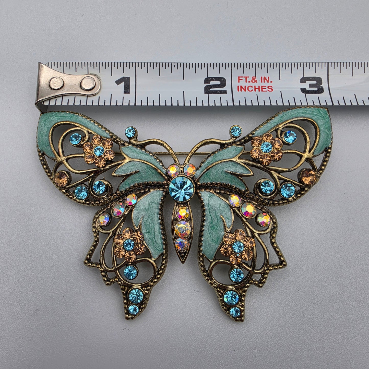 AVON Nina Ricci Rhinestone/Enamel Vintage 2.5"Teal Butterfly Brooch