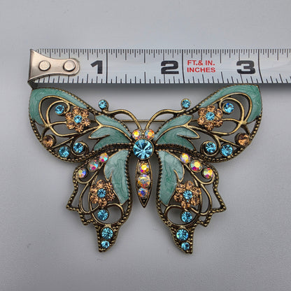 AVON Nina Ricci Rhinestone/Enamel Vintage 2.5"Teal Butterfly Brooch