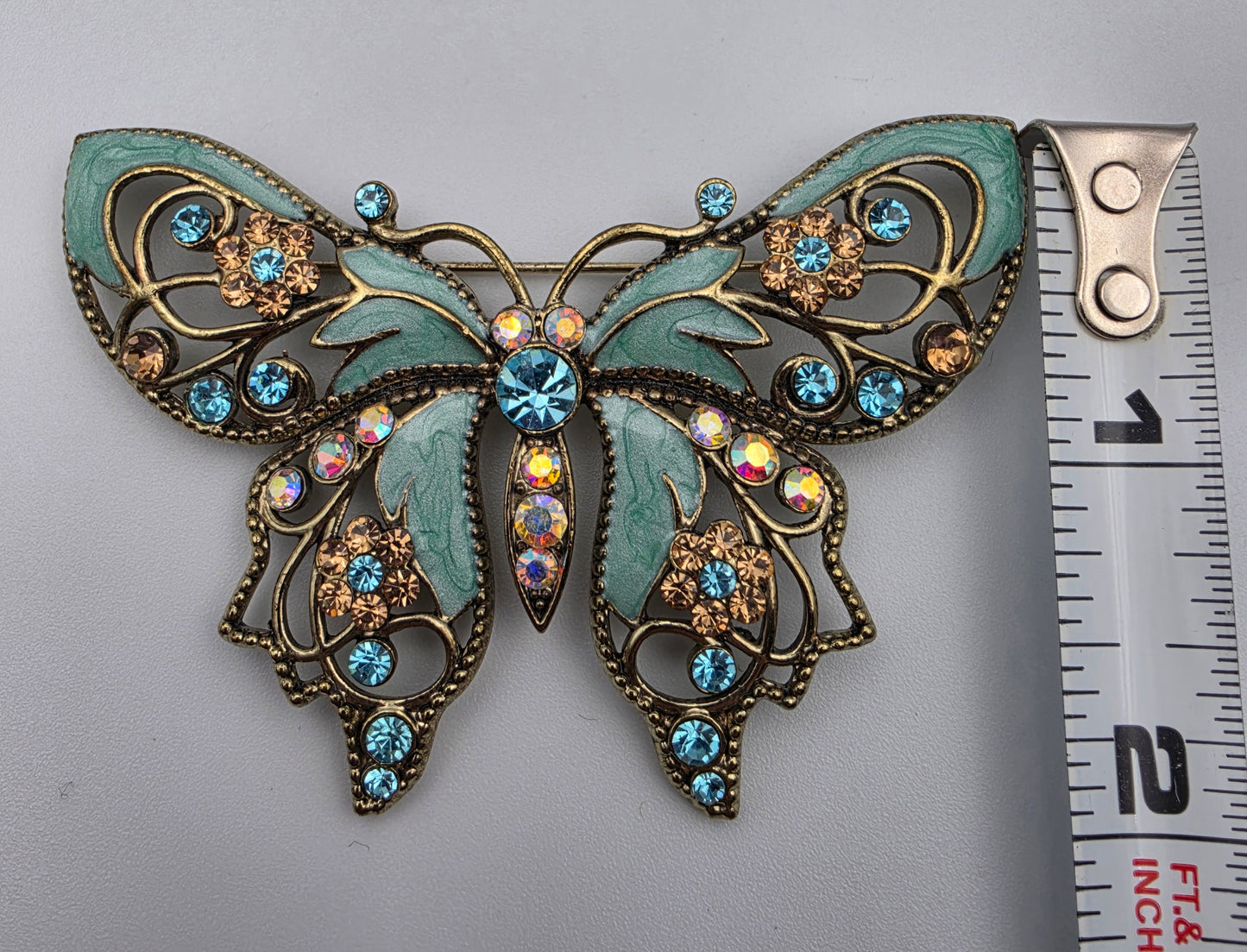 AVON Nina Ricci Rhinestone/Enamel Vintage 2.5"Teal Butterfly Brooch
