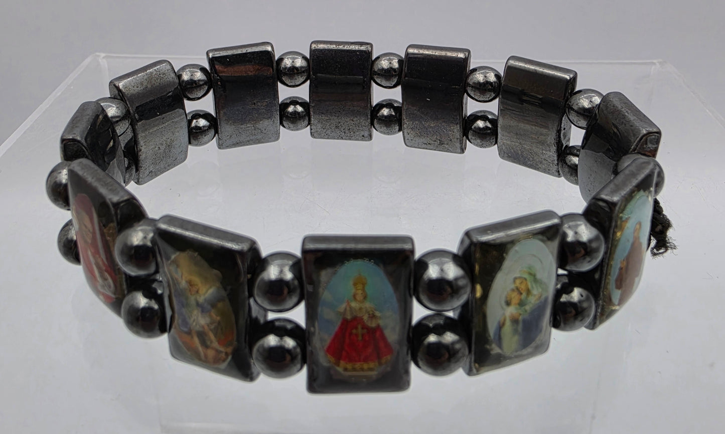 Hematite Stone Devotional Saints Panel Stretch Bracelet