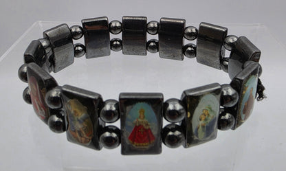 Hematite Stone Devotional Saints Panel Stretch Bracelet