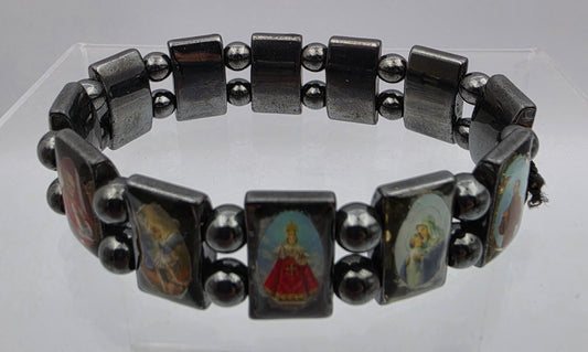 Hematite Stone Devotional Saints Panel Stretch Bracelet