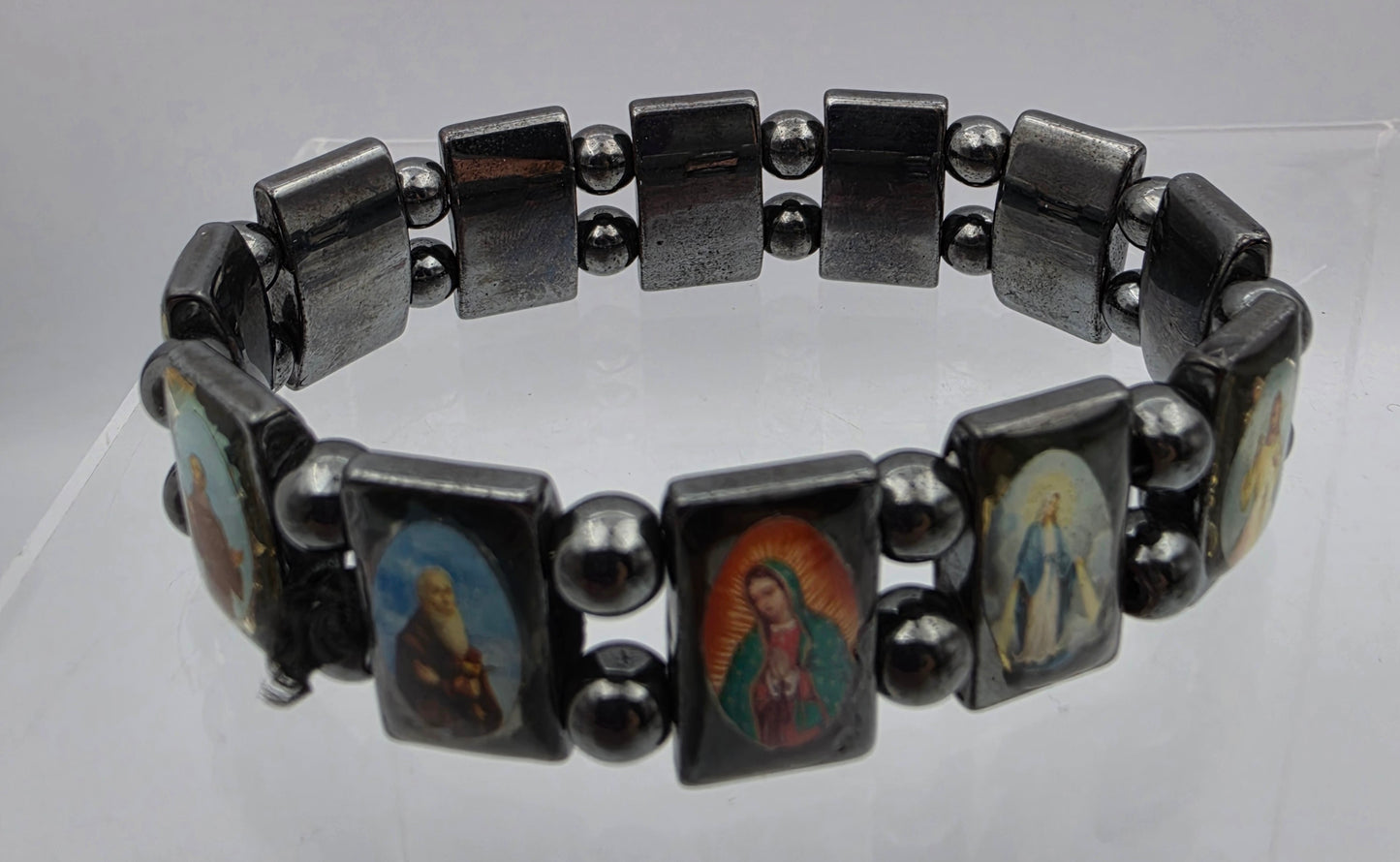 Hematite Stone Devotional Saints Panel Stretch Bracelet