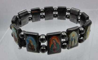 Hematite Stone Devotional Saints Panel Stretch Bracelet