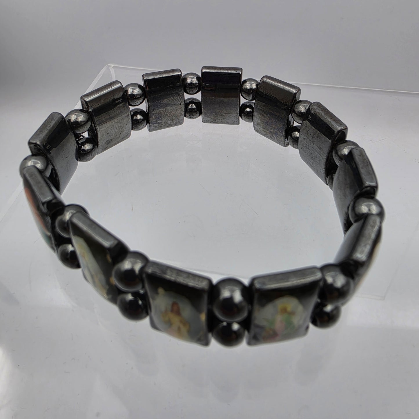 Hematite Stone Devotional Saints Panel Stretch Bracelet