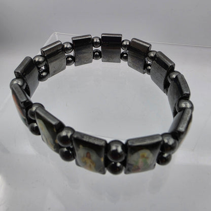 Hematite Stone Devotional Saints Panel Stretch Bracelet