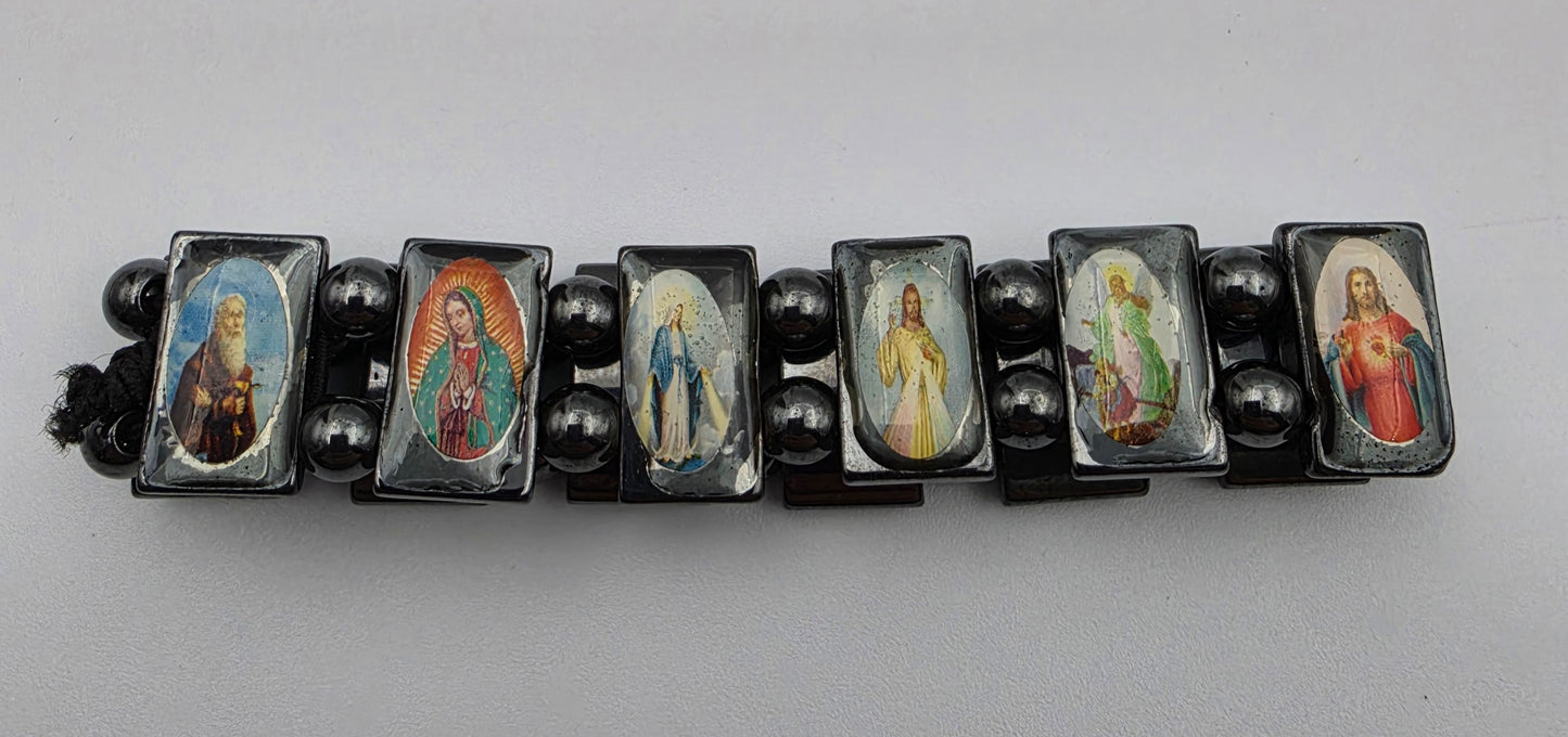 Hematite Stone Devotional Saints Panel Stretch Bracelet