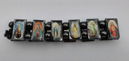 Hematite Stone Devotional Saints Panel Stretch Bracelet