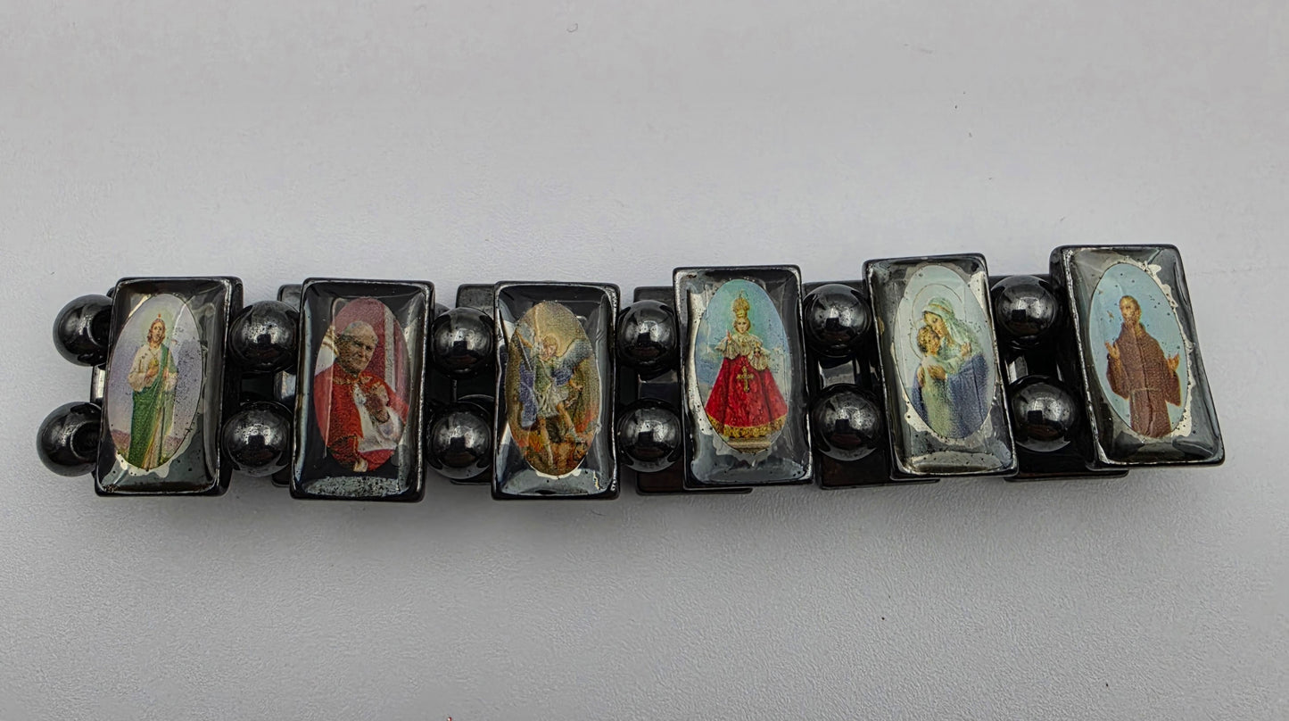 Hematite Stone Devotional Saints Panel Stretch Bracelet