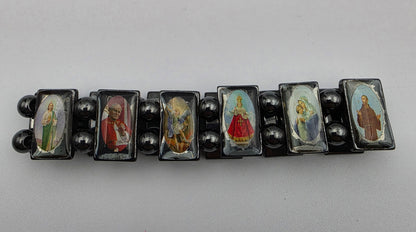 Hematite Stone Devotional Saints Panel Stretch Bracelet