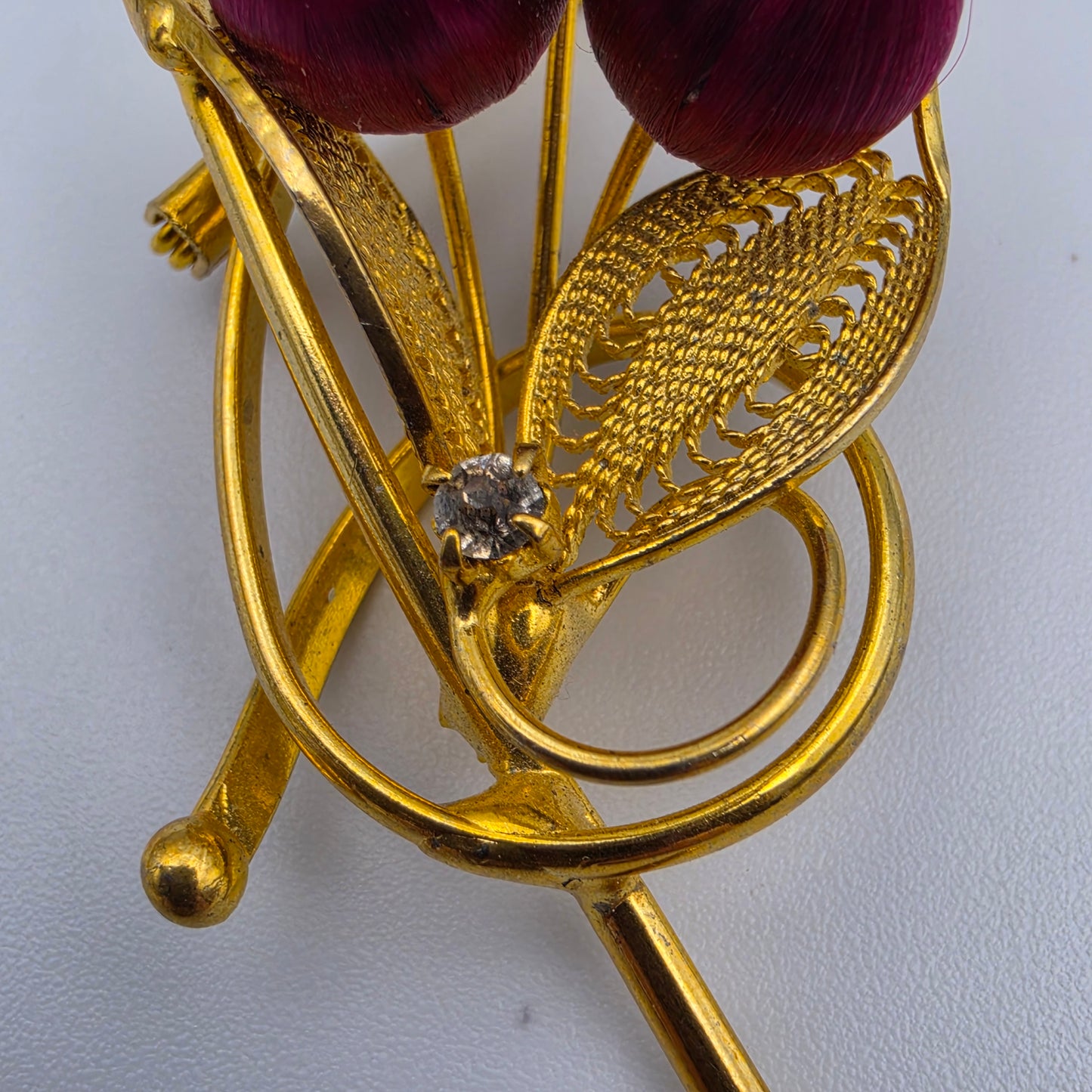 1950's Vintage Red Silk Wrapped Bead/Clear Rhinestone/Gold Tone Vintage 2.75" Floral Brooch
