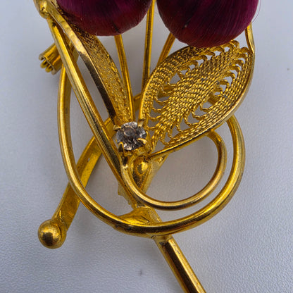 1950's Vintage Red Silk Wrapped Bead/Clear Rhinestone/Gold Tone Vintage 2.75" Floral Brooch