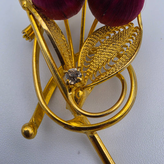 1950's Vintage Red Silk Wrapped Bead/Clear Rhinestone/Gold Tone Vintage 2.75" Floral Brooch