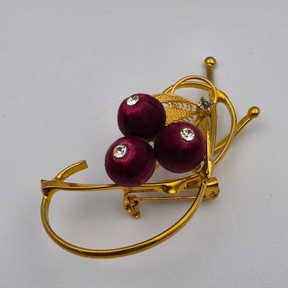 1950's Vintage Red Silk Wrapped Bead/Clear Rhinestone/Gold Tone Vintage 2.75" Floral Brooch