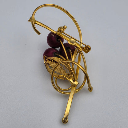 1950's Vintage Red Silk Wrapped Bead/Clear Rhinestone/Gold Tone Vintage 2.75" Floral Brooch