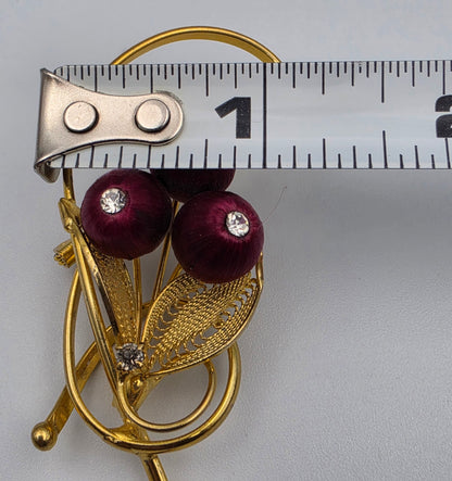 1950's Vintage Red Silk Wrapped Bead/Clear Rhinestone/Gold Tone Vintage 2.75" Floral Brooch
