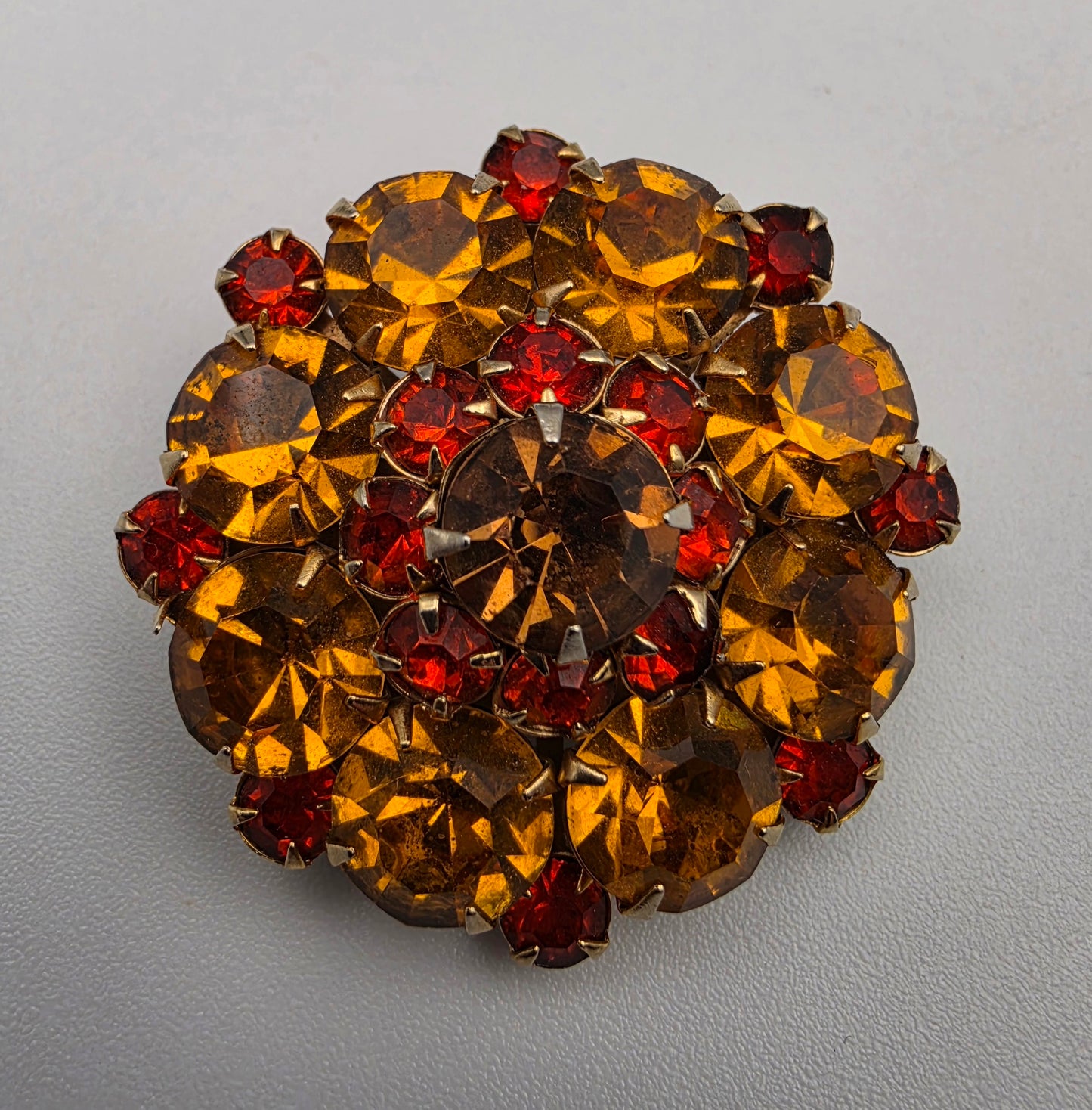 WEISS Red/Amber/Orange Vintage Rhinestone Brooch And Earring Set