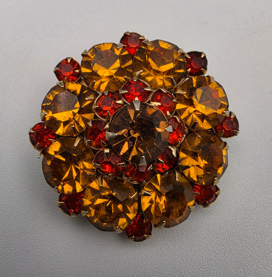 WEISS Red/Amber/Orange Vintage Rhinestone Brooch And Earring Set