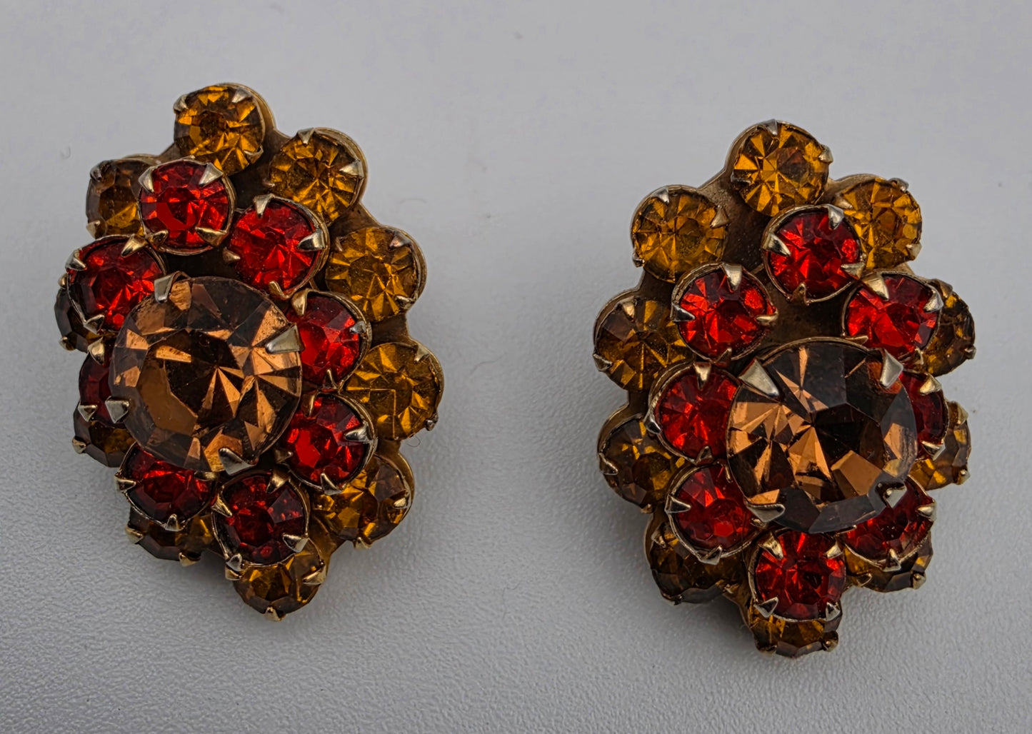 WEISS Red/Amber/Orange Vintage Rhinestone Brooch And Earring Set