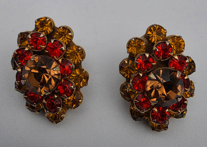 WEISS Red/Amber/Orange Vintage Rhinestone Brooch And Earring Set