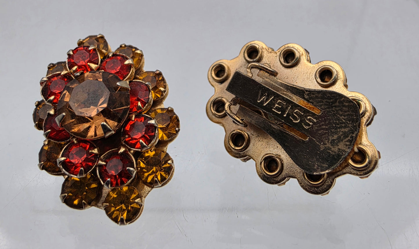 WEISS Red/Amber/Orange Vintage Rhinestone Brooch And Earring Set