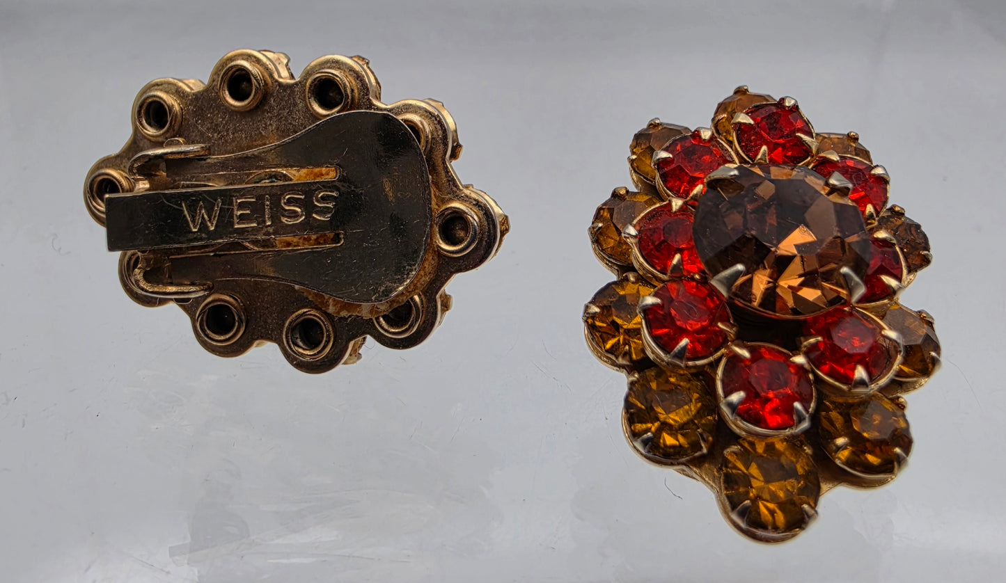 WEISS Red/Amber/Orange Vintage Rhinestone Brooch And Earring Set
