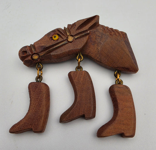 Hand Carved Maple 1950's Vintage Horse Head With Glass Eye/Dangling Cowboy Boot Folk Art Brooch