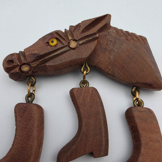 Hand Carved Maple 1950's Vintage Horse Head With Glass Eye/Dangling Cowboy Boot Folk Art Brooch