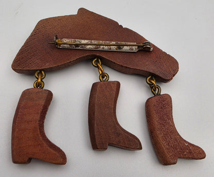 Hand Carved Maple 1950's Vintage Horse Head With Glass Eye/Dangling Cowboy Boot Folk Art Brooch