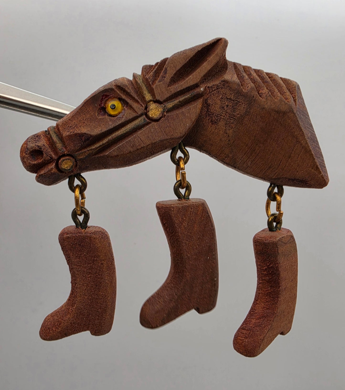 Hand Carved Maple 1950's Vintage Horse Head With Glass Eye/Dangling Cowboy Boot Folk Art Brooch