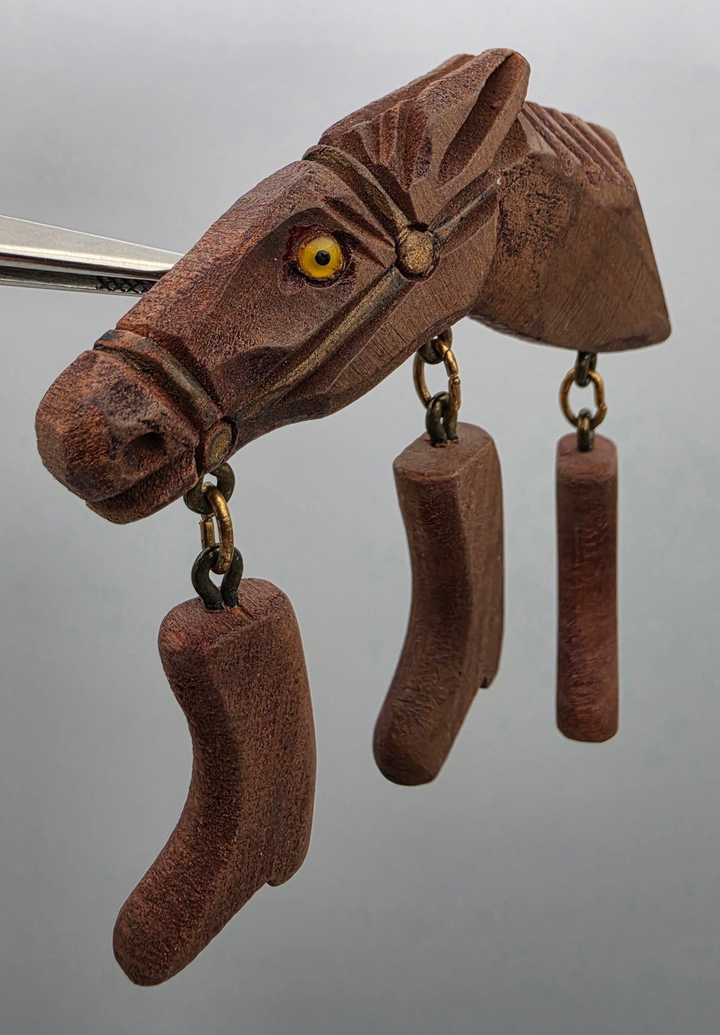 Hand Carved Maple 1950's Vintage Horse Head With Glass Eye/Dangling Cowboy Boot Folk Art Brooch