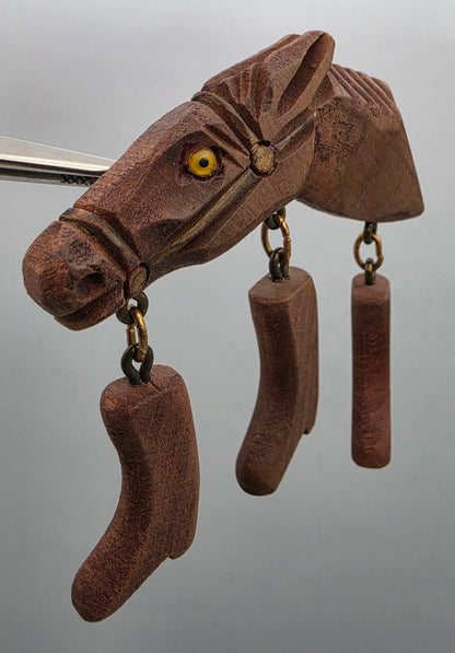 Hand Carved Maple 1950's Vintage Horse Head With Glass Eye/Dangling Cowboy Boot Folk Art Brooch