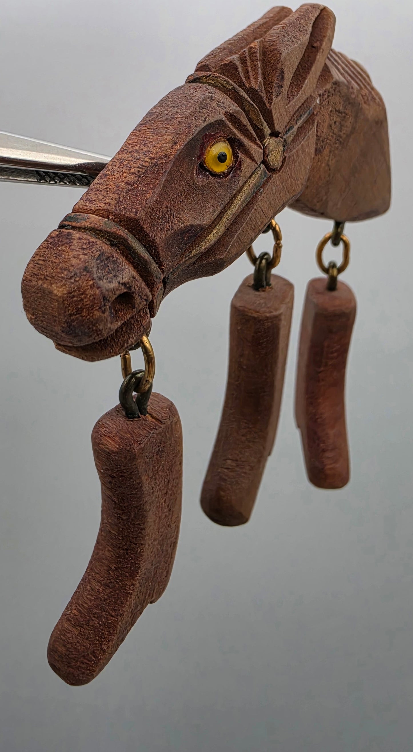 Hand Carved Maple 1950's Vintage Horse Head With Glass Eye/Dangling Cowboy Boot Folk Art Brooch