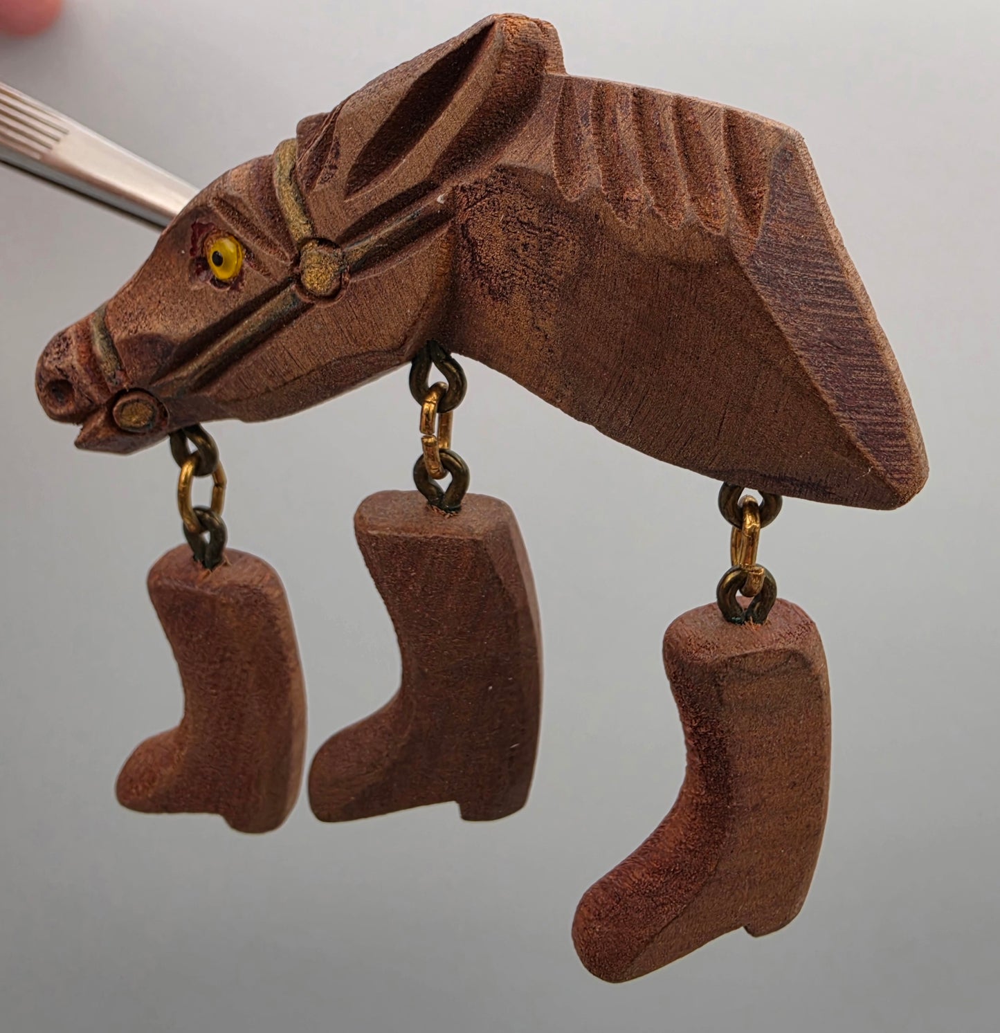 Hand Carved Maple 1950's Vintage Horse Head With Glass Eye/Dangling Cowboy Boot Folk Art Brooch