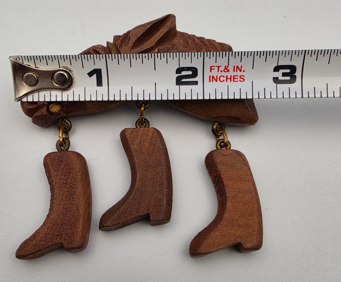 Hand Carved Maple 1950's Vintage Horse Head With Glass Eye/Dangling Cowboy Boot Folk Art Brooch