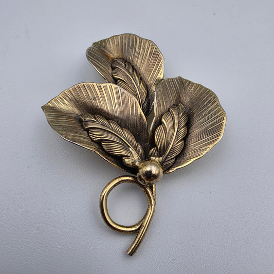 BOCCELINI Vintage 1960's Burnished Brass/3 Layered Leaves/2.75" Brooch