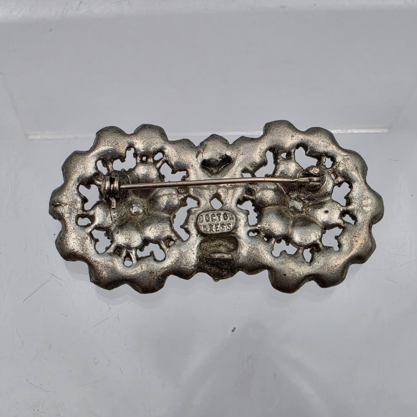 DOCTOR DRESS Signed Antique 1930'S Art Deco/Depression Glass/ Pot Metal 1" x 2.25" Brooch