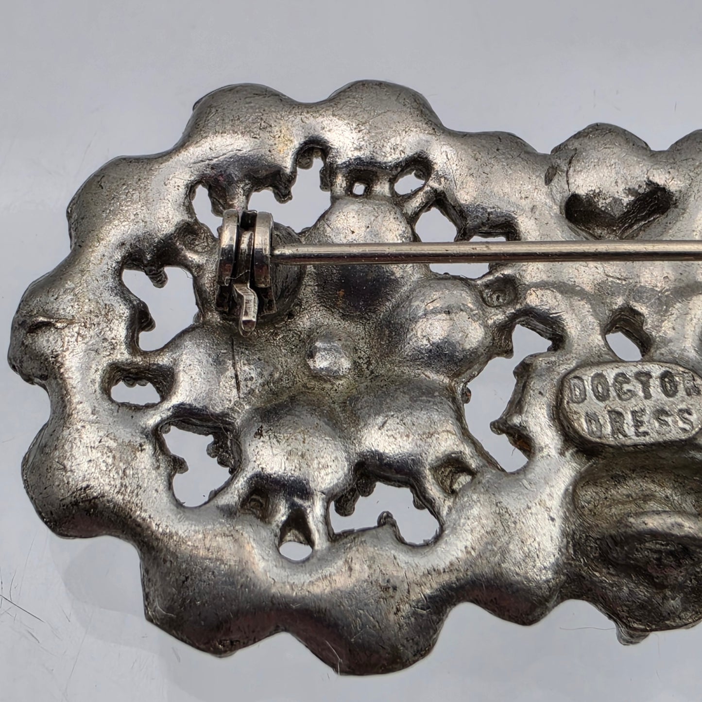 DOCTOR DRESS Signed Antique 1930'S Art Deco/Depression Glass/ Pot Metal 1" x 2.25" Brooch
