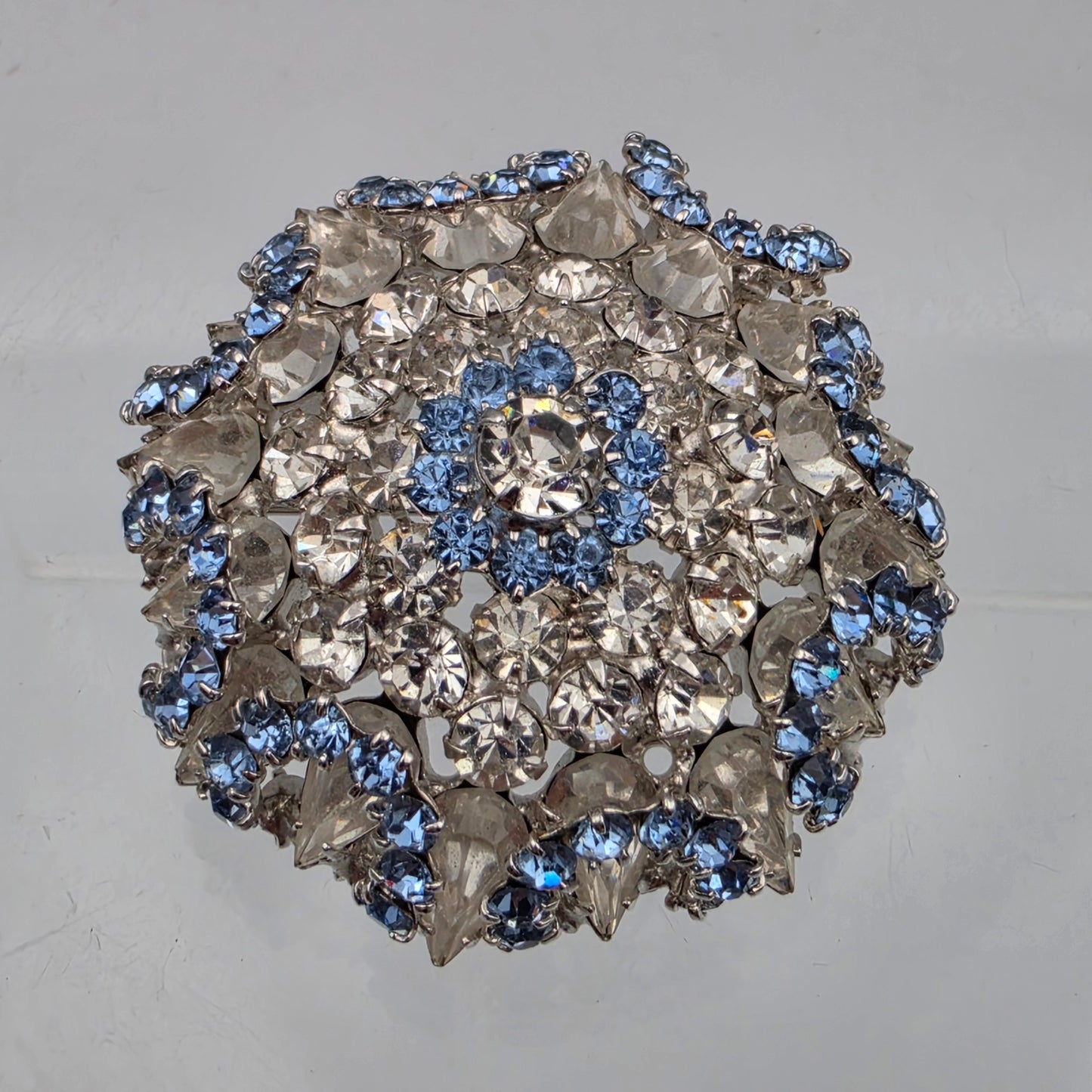 1950's- 1960's Multilayered Rosette/Blue/Clear Rhinestone Vintage Brooch