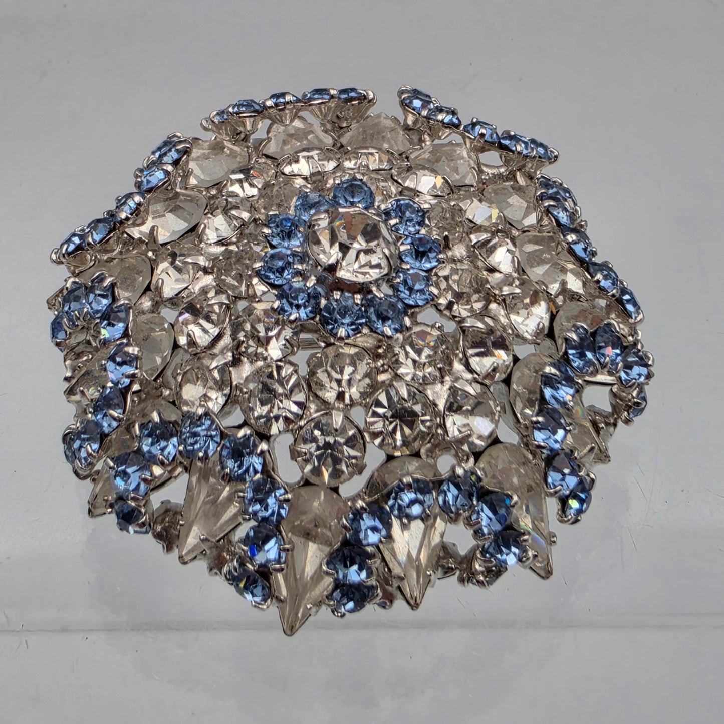 1950's- 1960's Multilayered Rosette/Blue/Clear Rhinestone Vintage Brooch