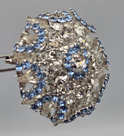 1950's- 1960's Multilayered Rosette/Blue/Clear Rhinestone Vintage Brooch