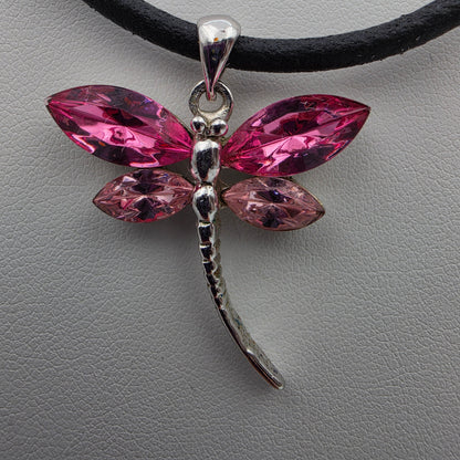 Swarovski Crystal/Two Tone Pink Rhinestone/Silver Tone Vintage Dragon Fly 1.5" Pendant