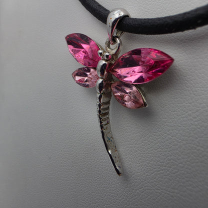 Swarovski Crystal/Two Tone Pink Rhinestone/Silver Tone Vintage Dragon Fly 1.5" Pendant