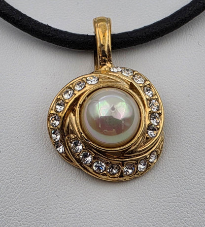 ROMAN Gold Tone/Aurora Borealis Faux Pearl Cabochon/Clear Rhinestone Vintage 1.25" Pendant