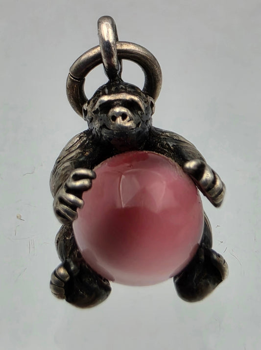 NUVO Sterling Silver Gorilla/Pink Glass Cabochon .75" Charm/Pendant