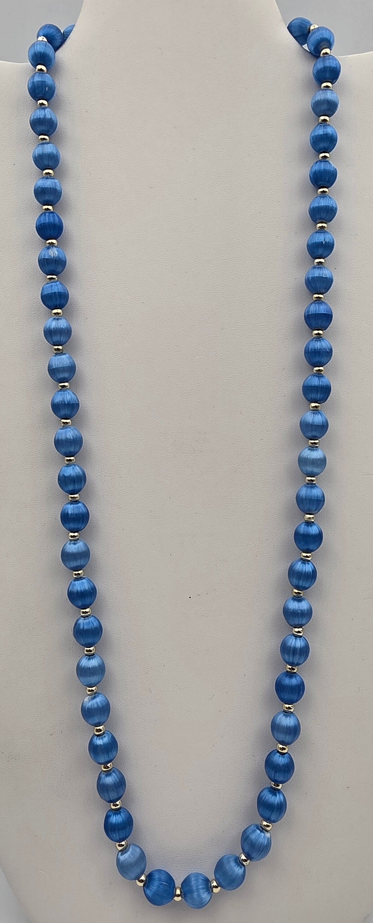 1930's 1940's Blue Silk Wrapped/Silvertone Spacers 30" Vintage 10mm Bead Necklace